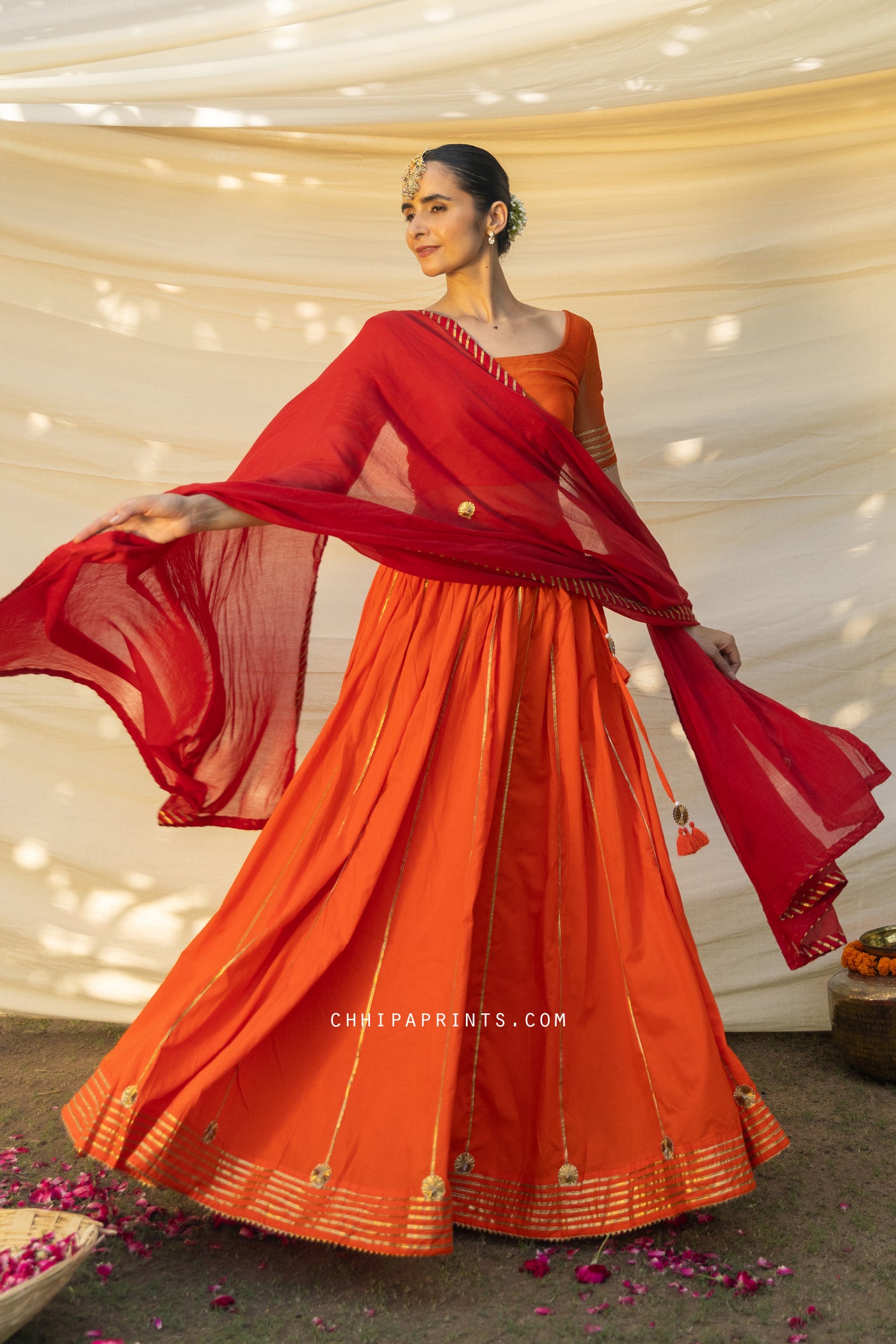 Cotton Plain Dye Kalidar Lehenga Choli Set in Orange