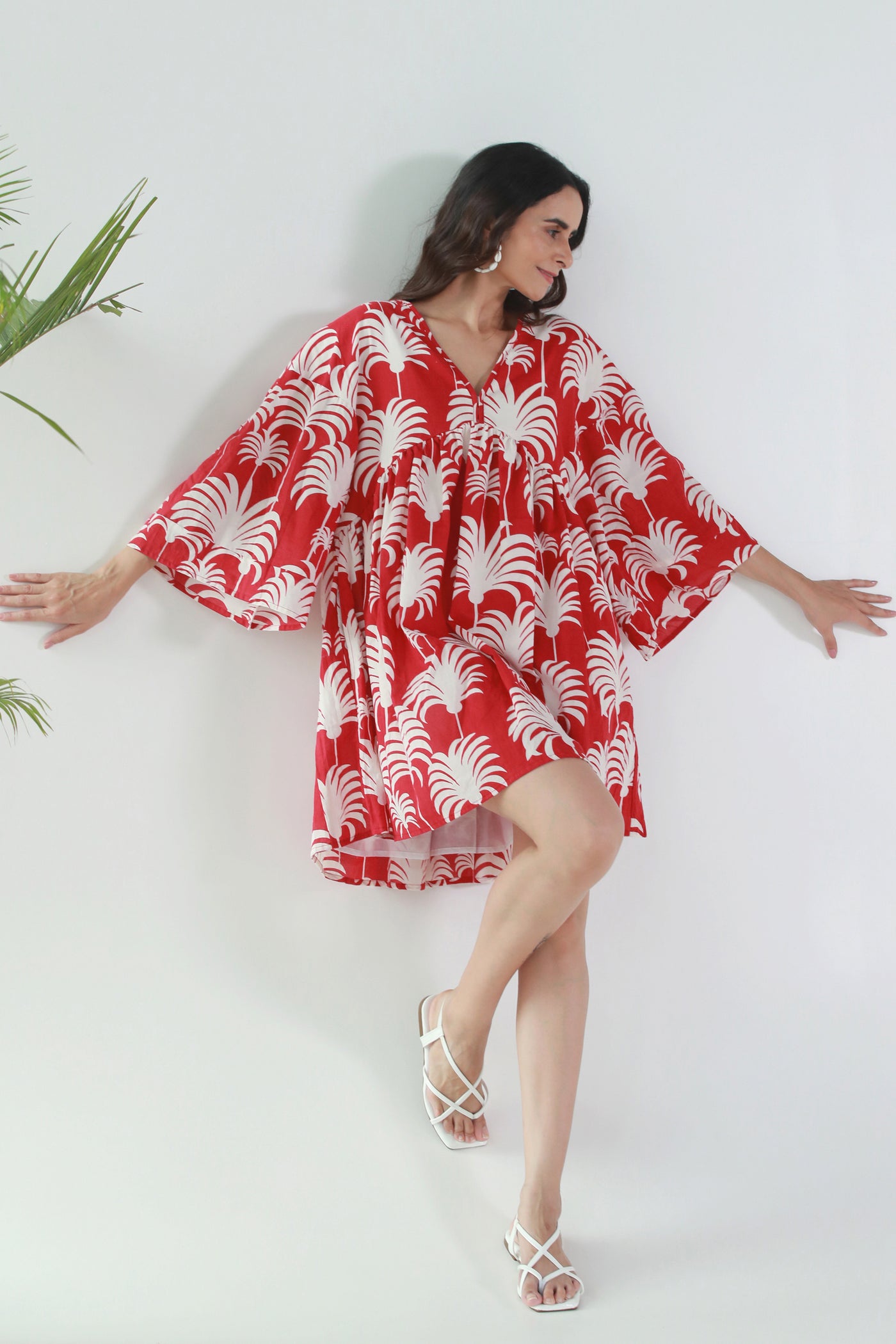 Cotton Nyra Cut Tropical Print Short Dress in Red