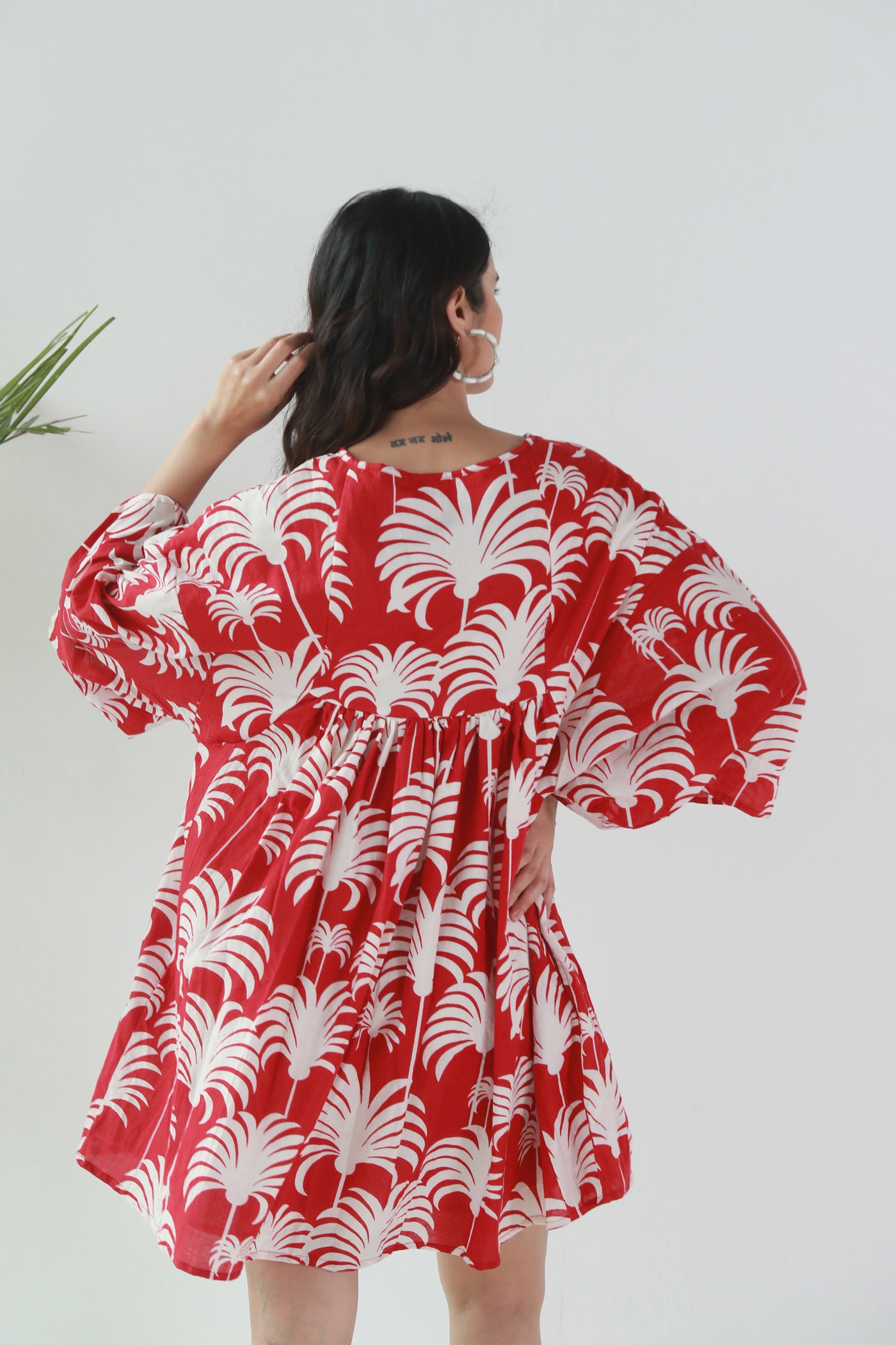 Cotton Nyra Cut Tropical Print Short Dress in Red