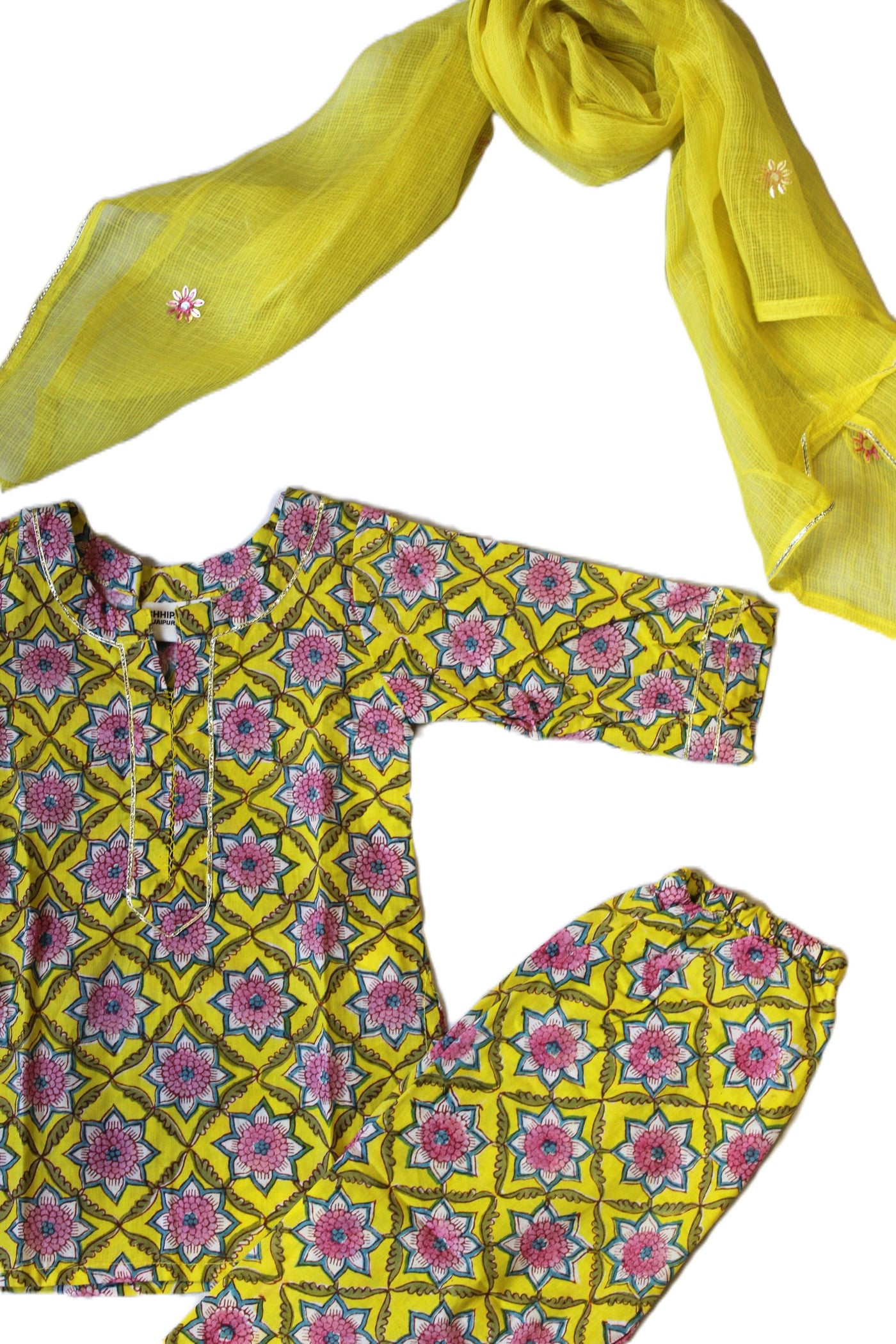 COTTON GEOMETRIC PRINT GIRLS KURTA SET IN YELLOW