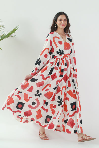 Cotton Long Dress with Gather in Spicy Art Box