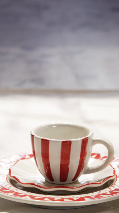 CERAMIC STONEWARE TEA CUP & SAUCER PLATE IN RED (SET OF 4)