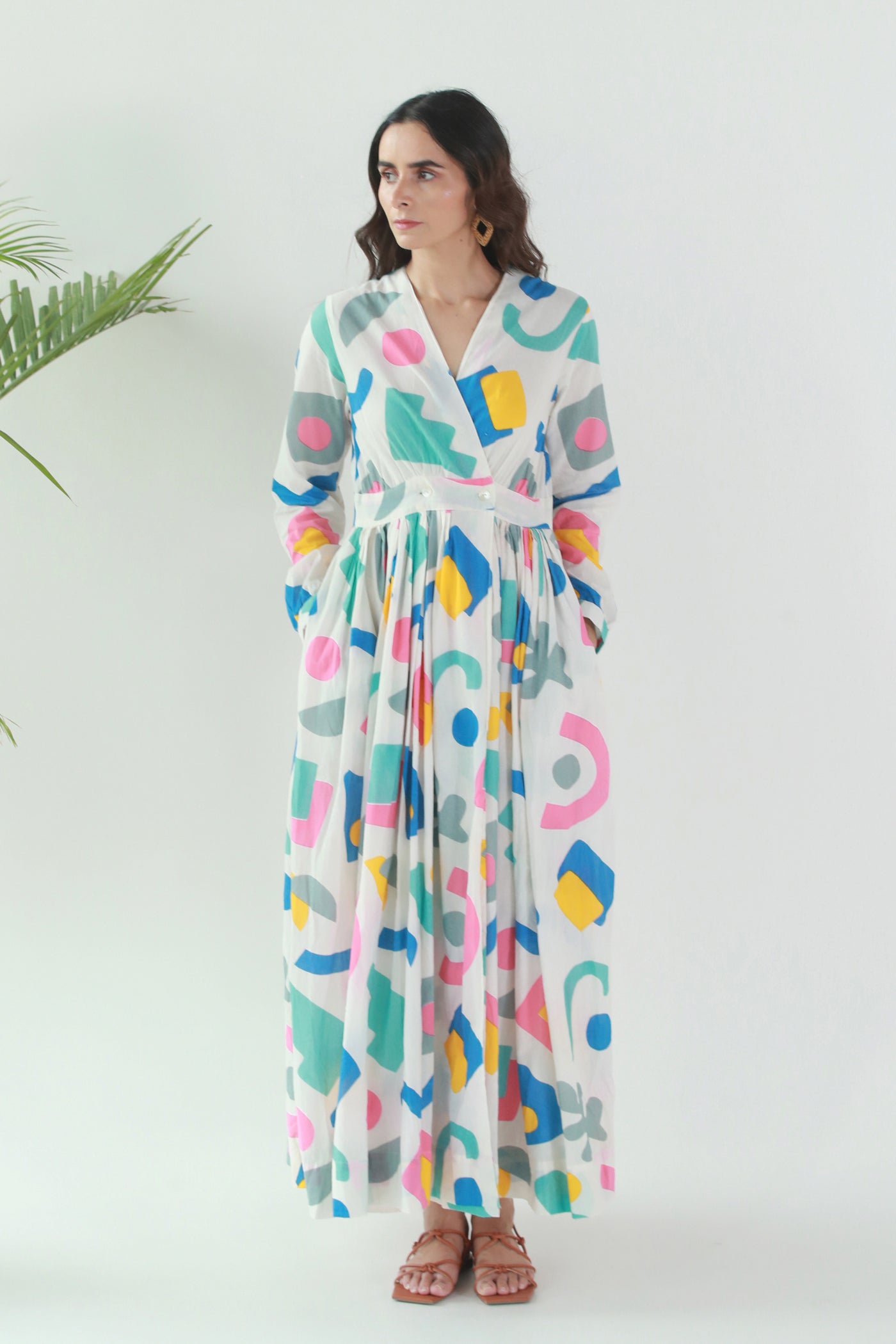 Cotton Long Dress with Gather in Tropical Art Box