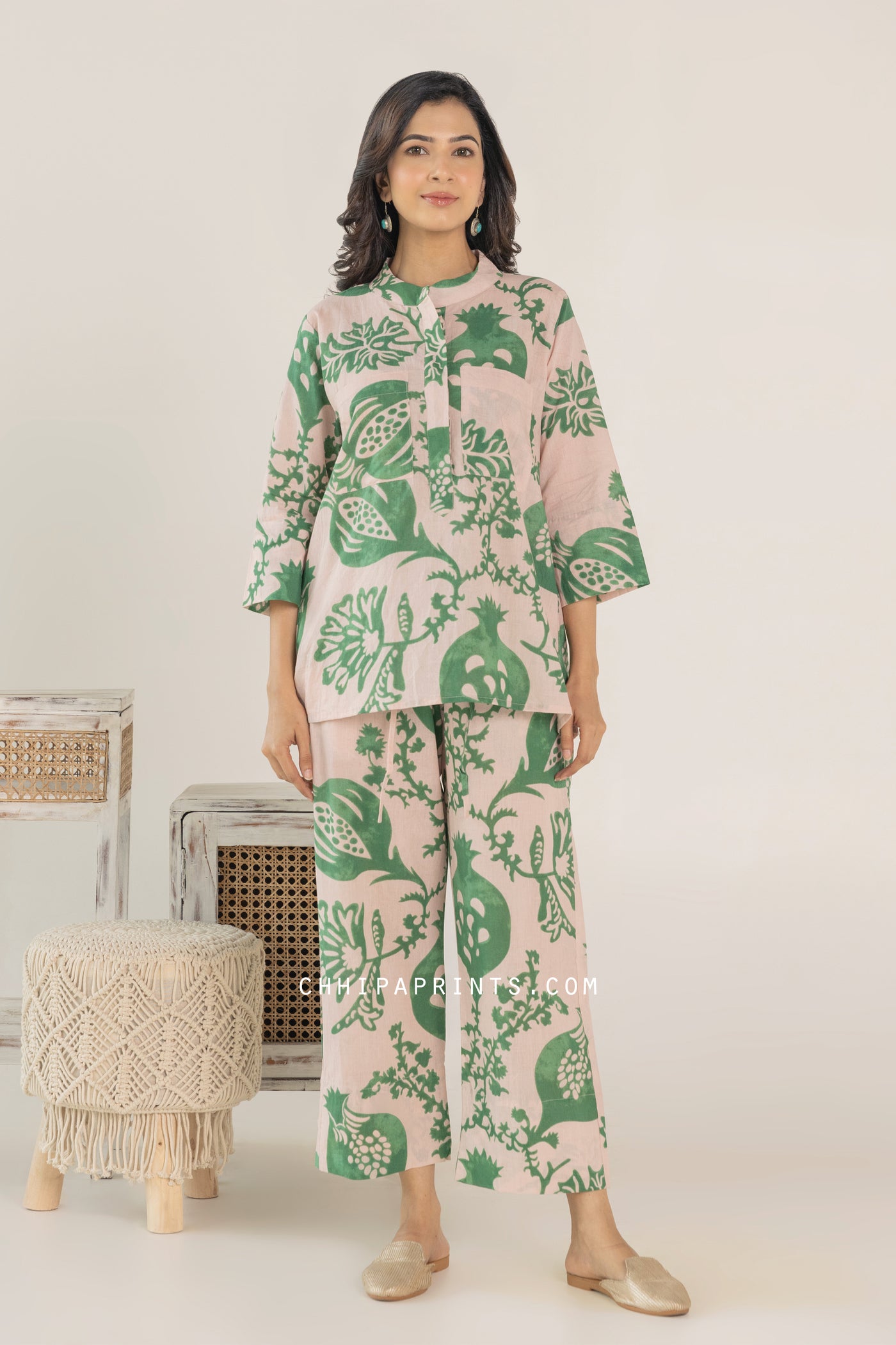 Cotton Hand Printed Anar Jaal Co Ord Set in Shades of Powder Pink and Green