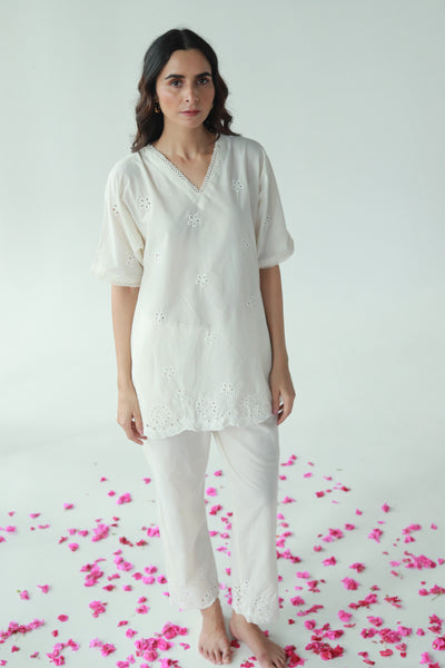 Cotton Embroidery Co Ord Set in Ivory