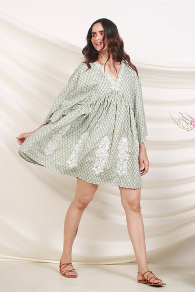 Cotton Nyra Cut Embroidery Buti Short Dress in Oil Green