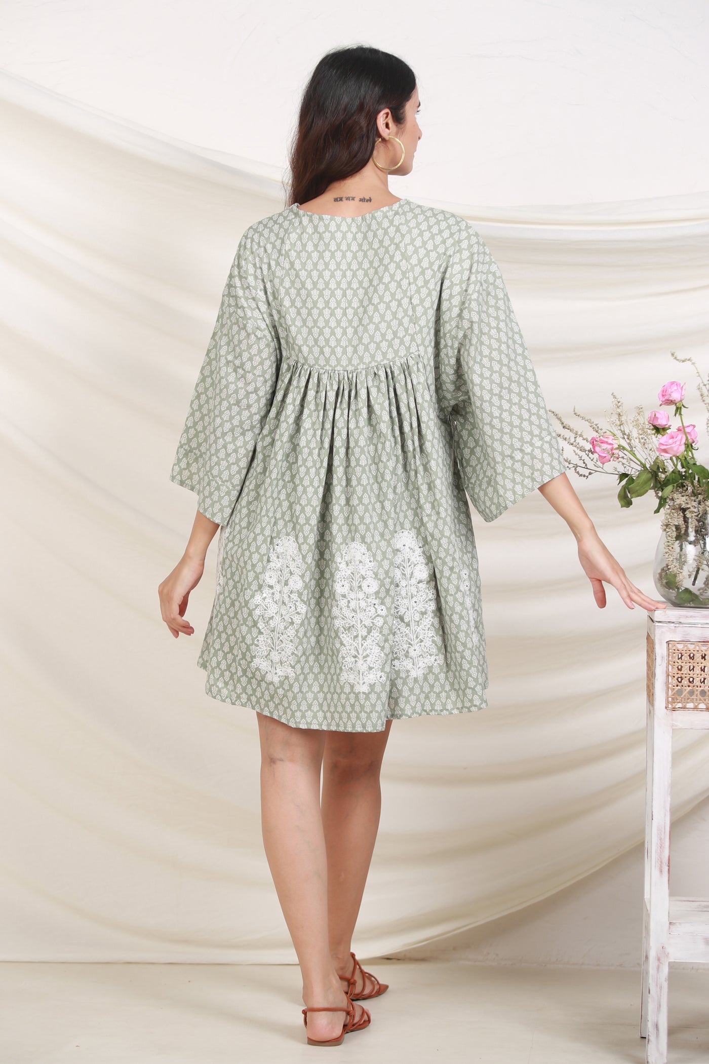Cotton Nyra Cut Embroidery Buti Short Dress in Oil Green