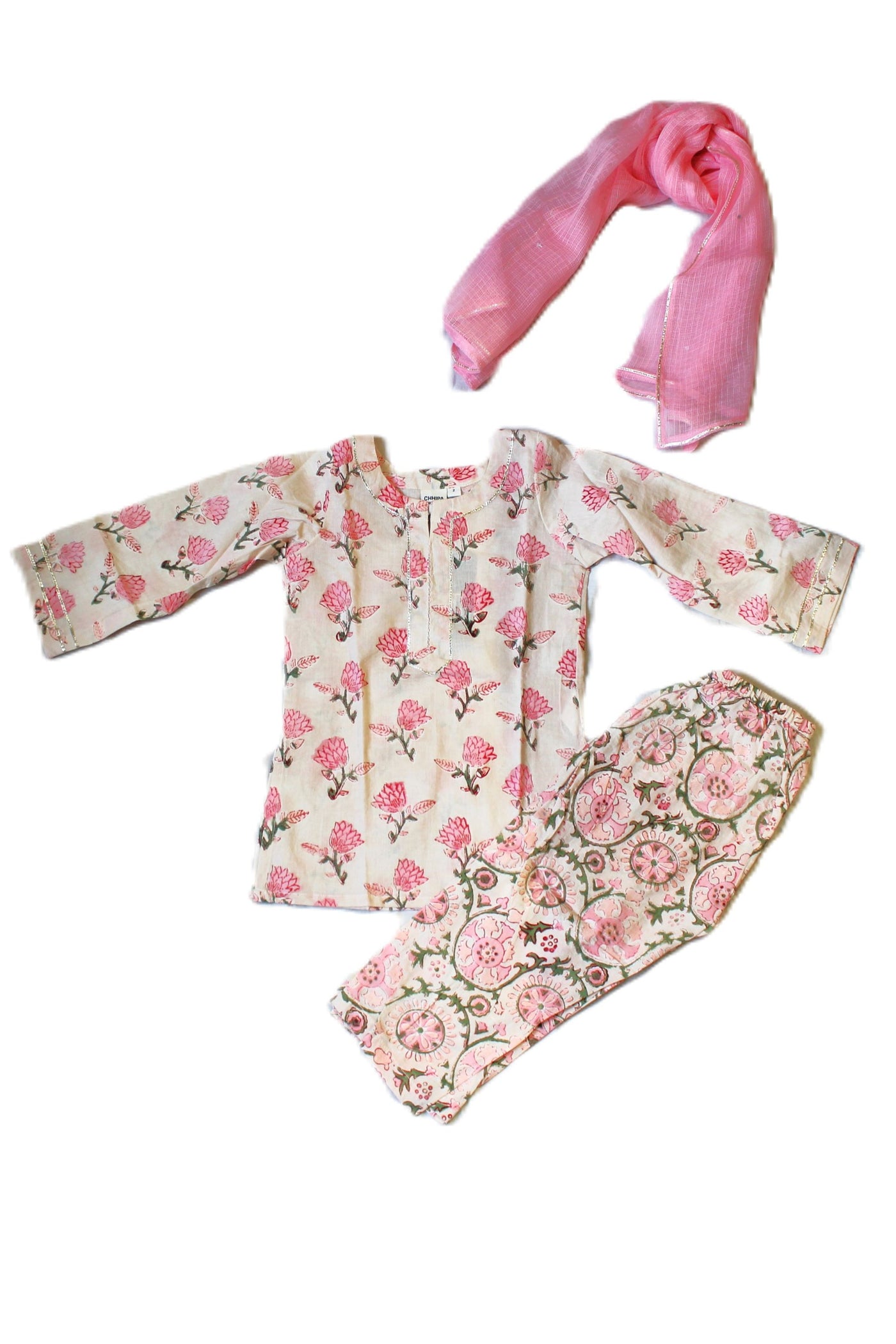 COTTON GUD BUTI PRINT GIRLS KURTA SET IN CAMEO ROSE