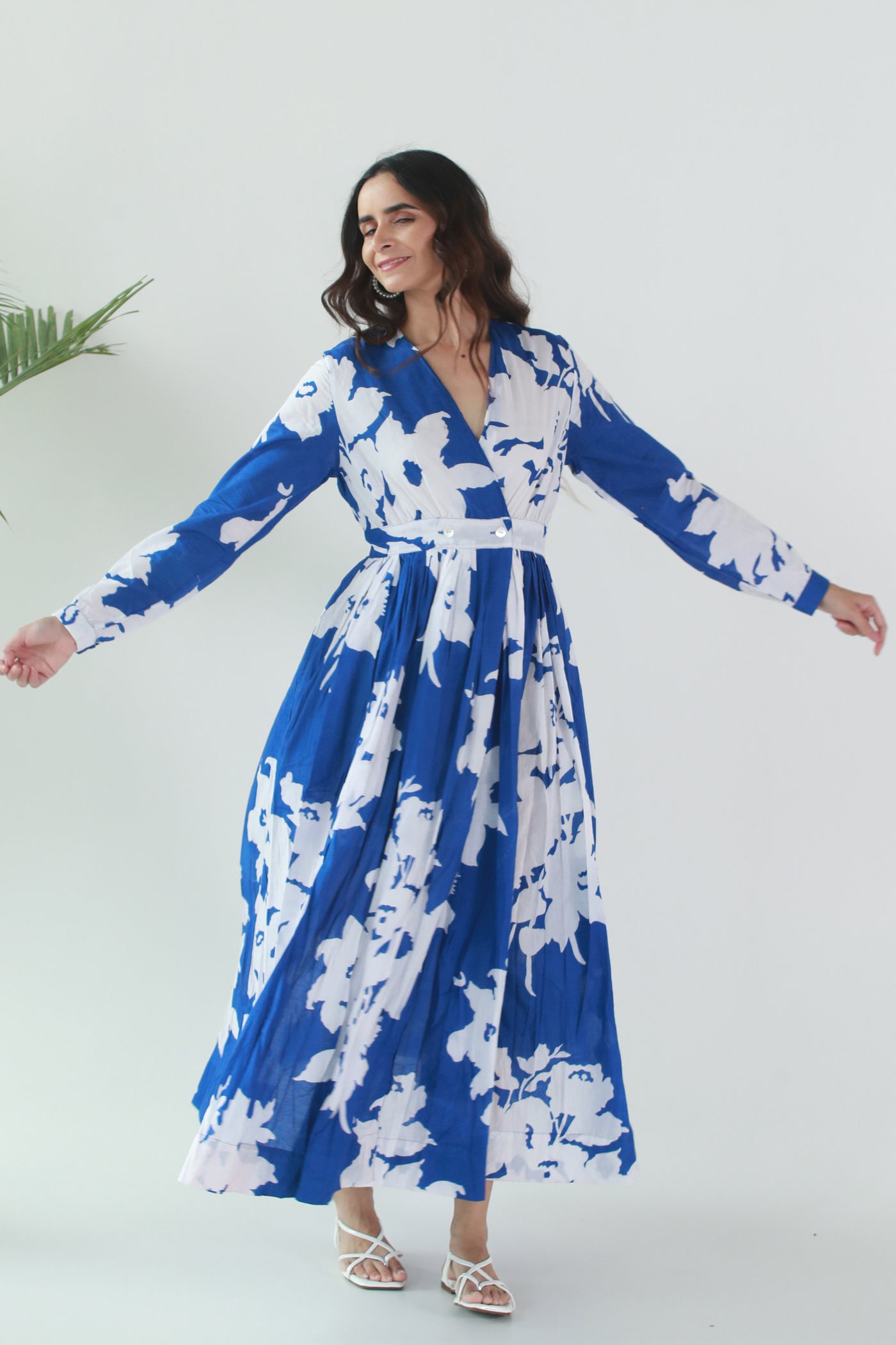 Cotton Long Dress with Gather in Royal Blue Floral