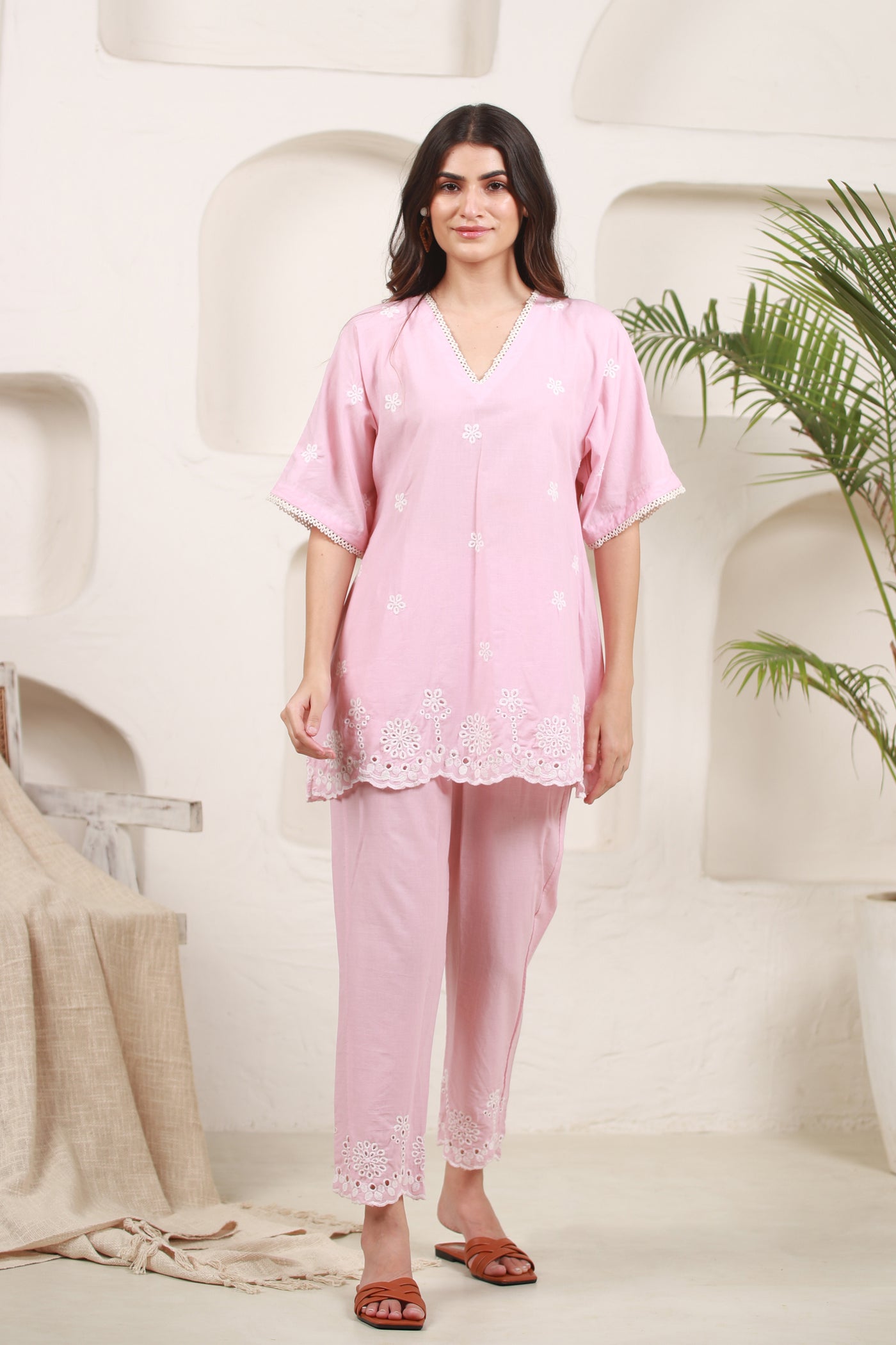Cotton Embroidery Co Ord Set in Baby Pink