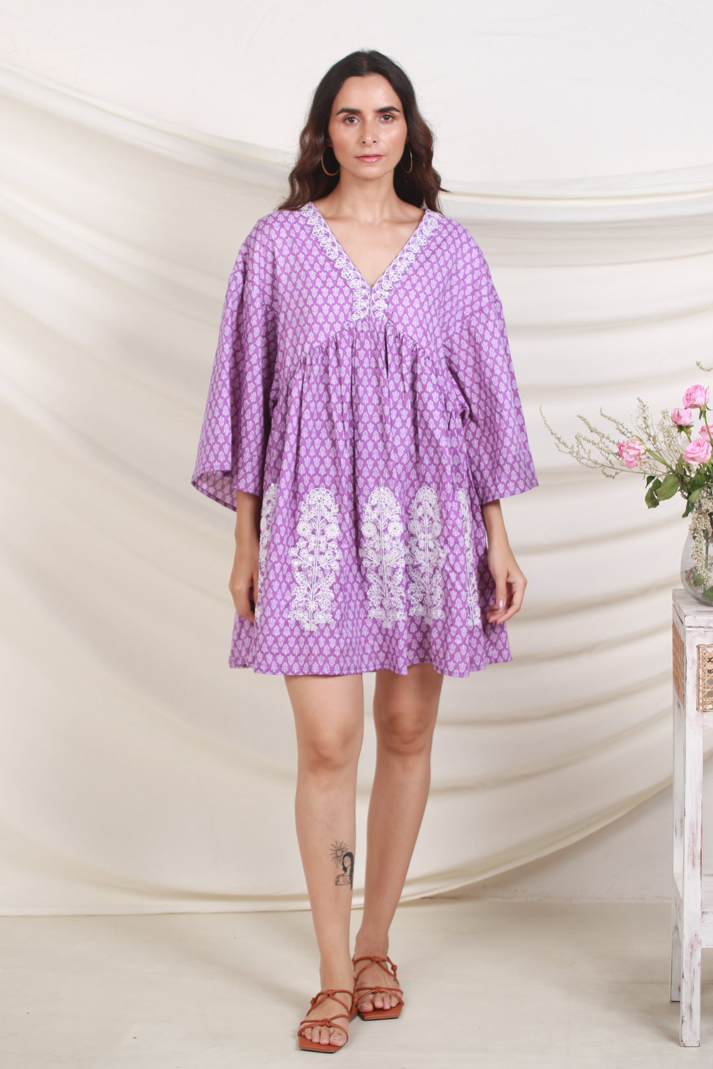 Cotton Nyra Cut Embroidery Buti Short Dress in Purple