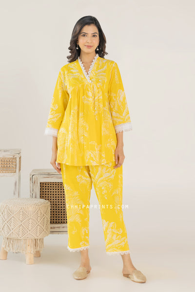 Cotton V Neck Big Palm Buta Co Ord Set in Solar Power Yellow