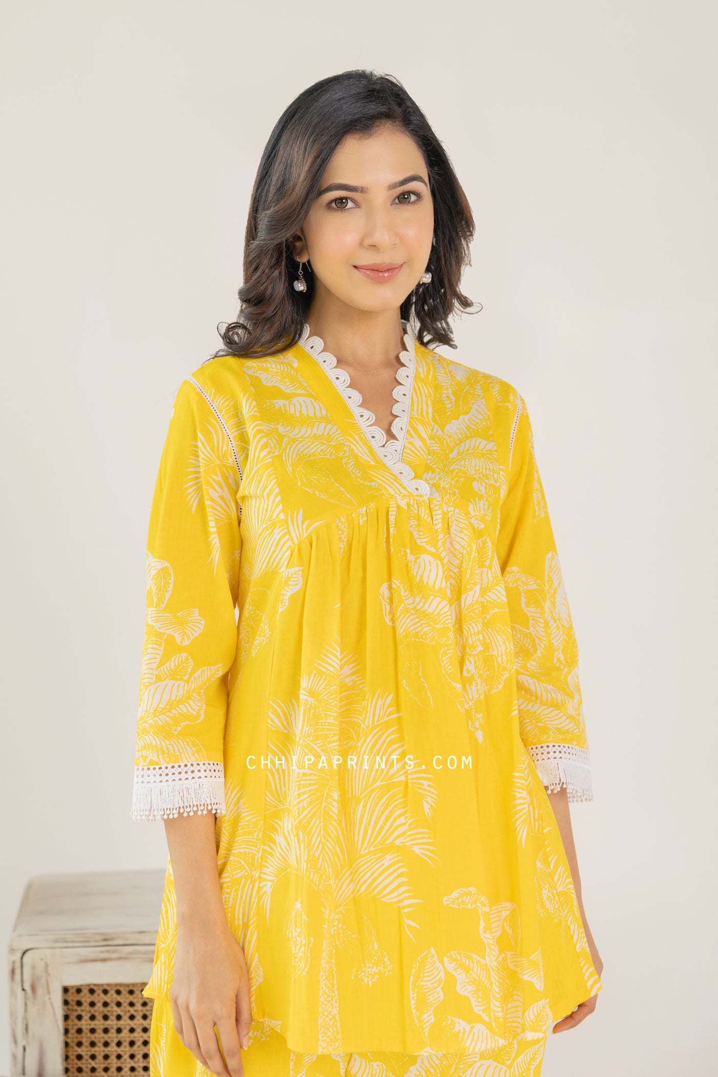 Cotton V Neck Big Palm Buta Co Ord Set in Solar Power Yellow