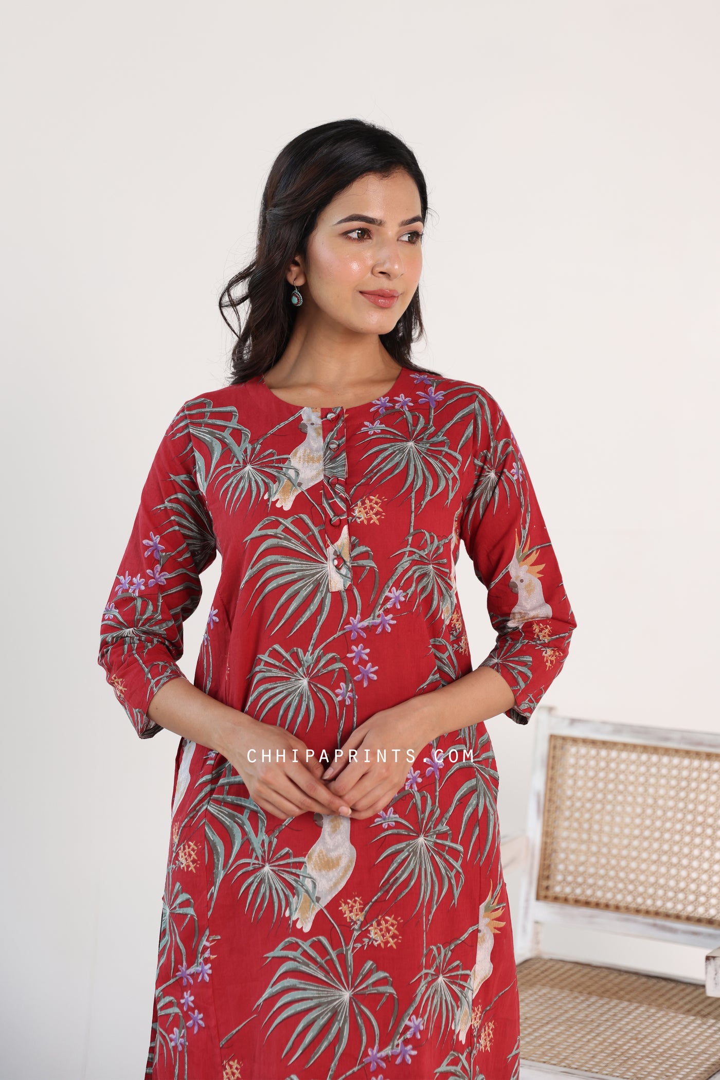 Cotton Bird Jaal Print Kurta and Pants Co Ord Set in Red