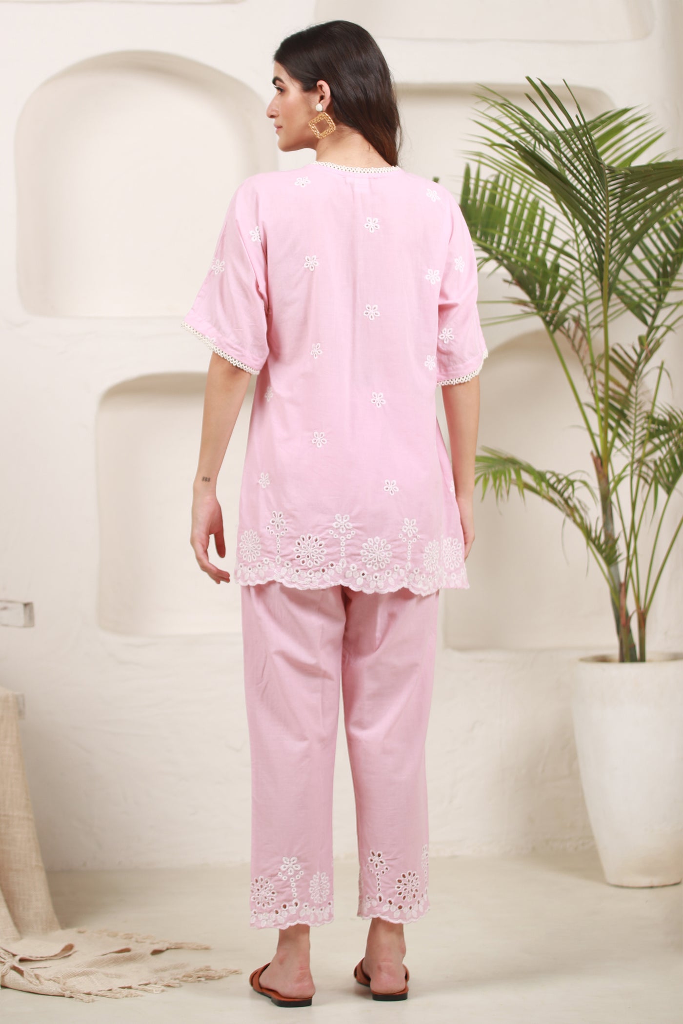 Cotton Embroidery Co Ord Set in Baby Pink