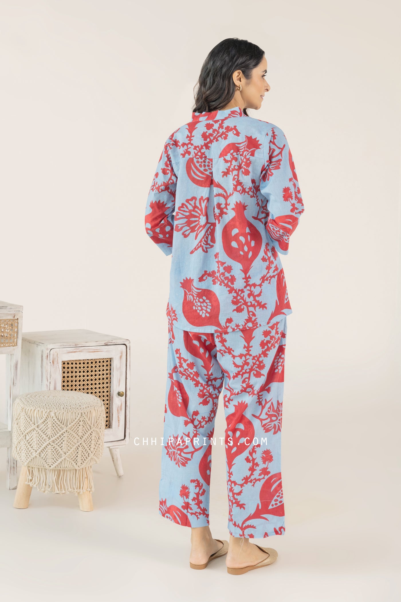Cotton Hand Printed Anar Jaal Co Ord Set in Shades of Red and Blue
