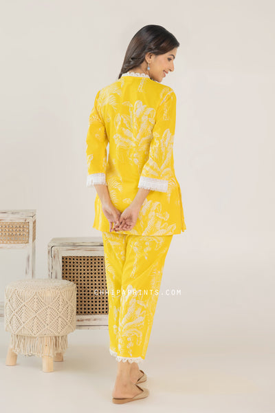 Cotton V Neck Big Palm Buta Co Ord Set in Solar Power Yellow