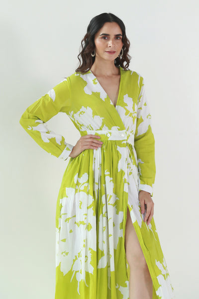 Cotton Long Dress with Gather in Lime Green Floral