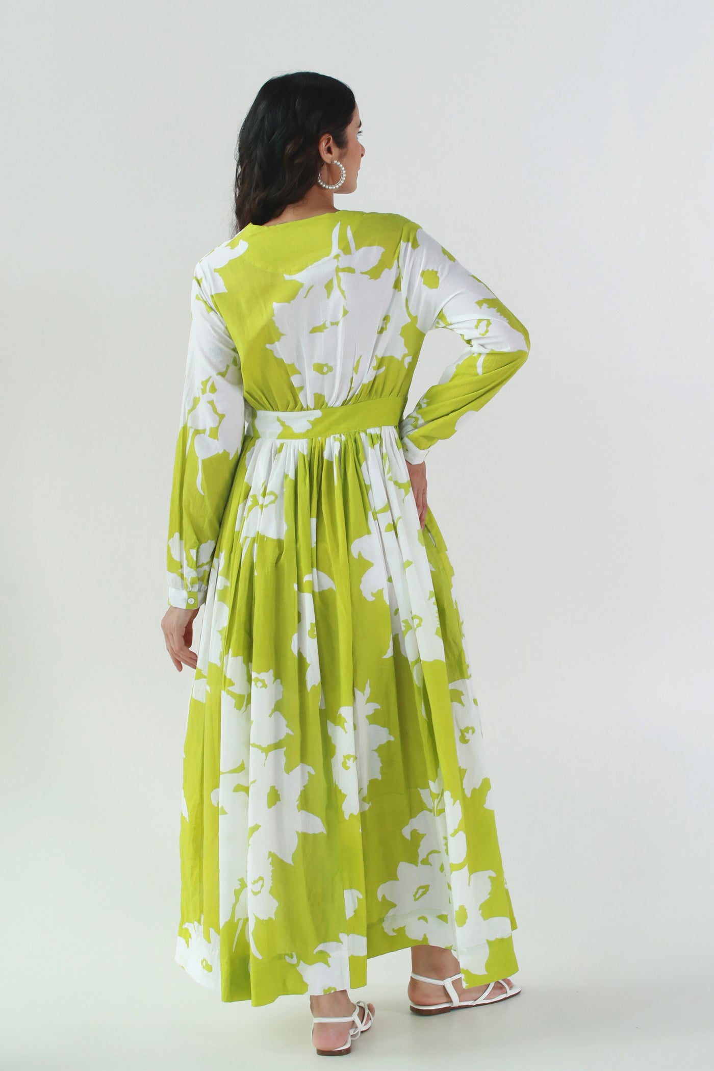 Cotton Long Dress with Gather in Lime Green Floral