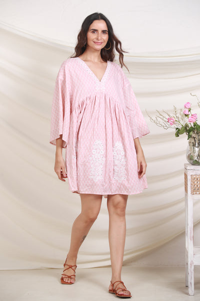 Cotton Nyra Cut Embroidery Buti Short Dress in Powder Pink