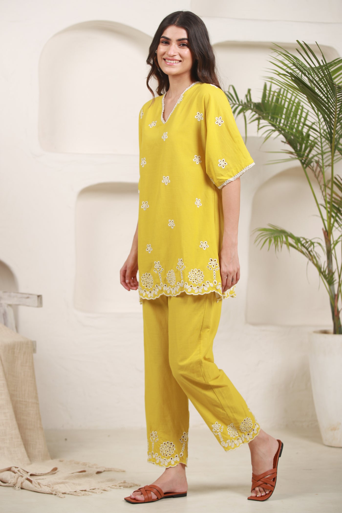 Cotton Embroidery Co Ord Set in Sulphur
