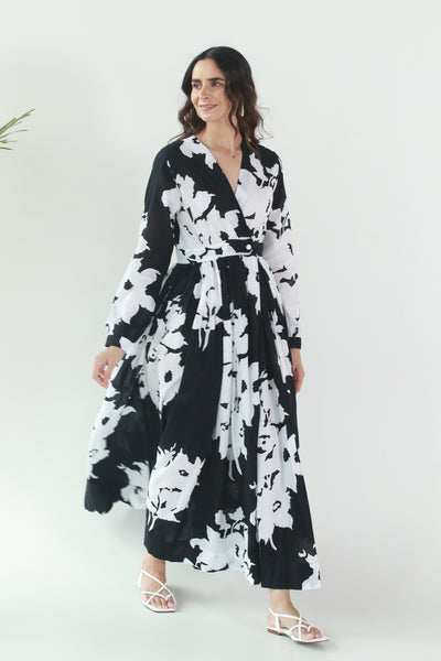 Cotton Long Dress with Gather in Black Floral