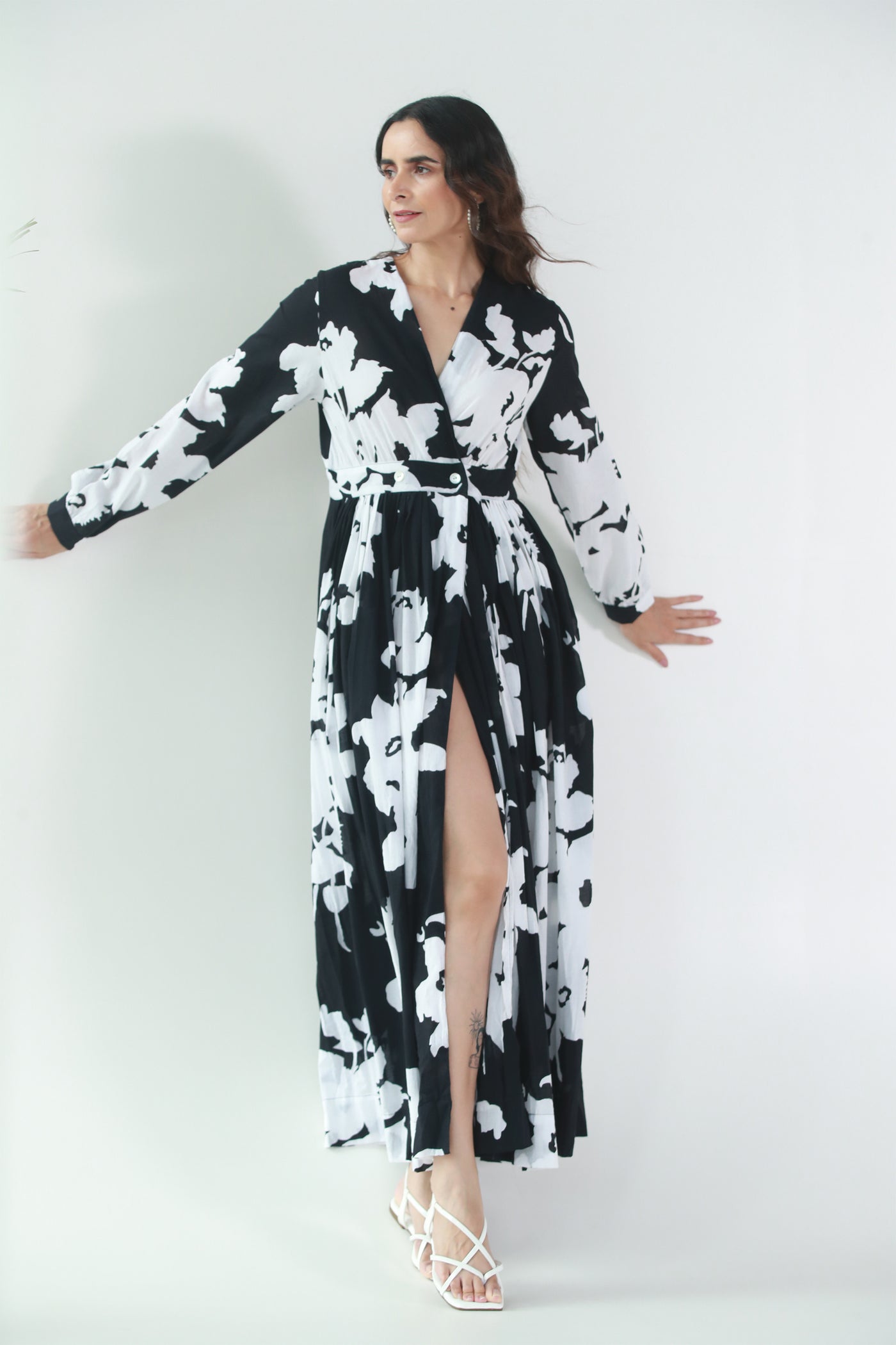 Cotton Long Dress with Gather in Black Floral