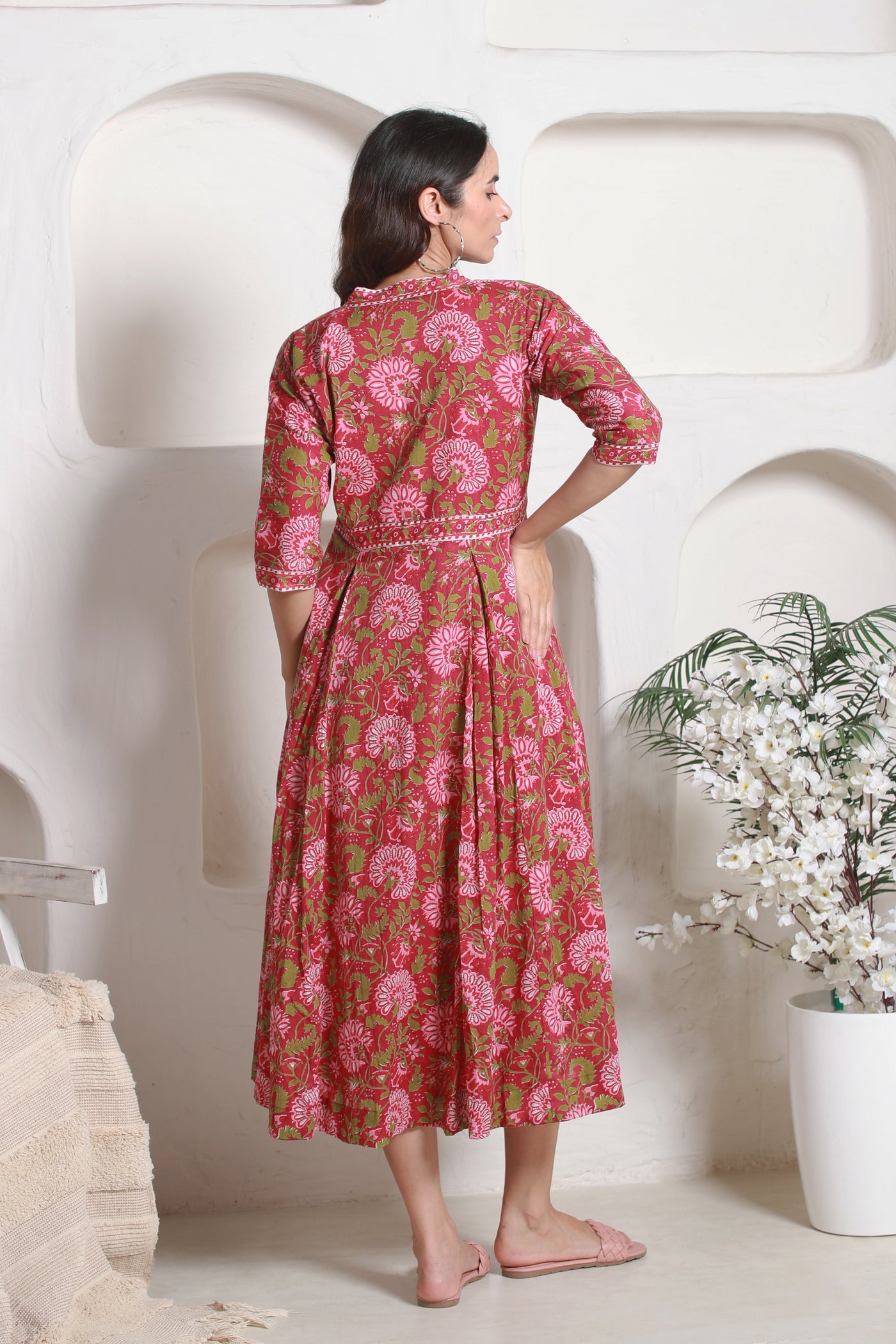 Cotton V Neck Ankle Length Dress in Red Mughal Jaal