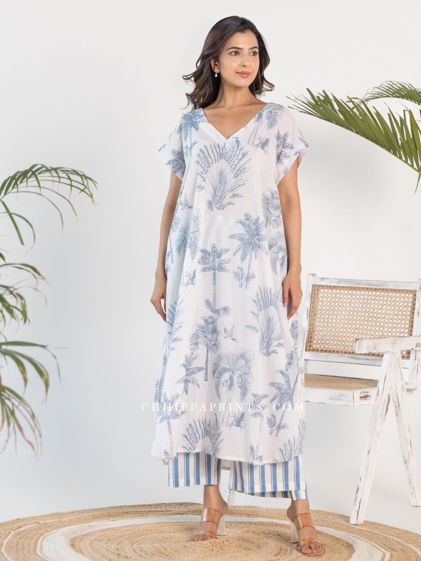 Cotton Palm Print Kaftan In Shade of Powder Blue And White