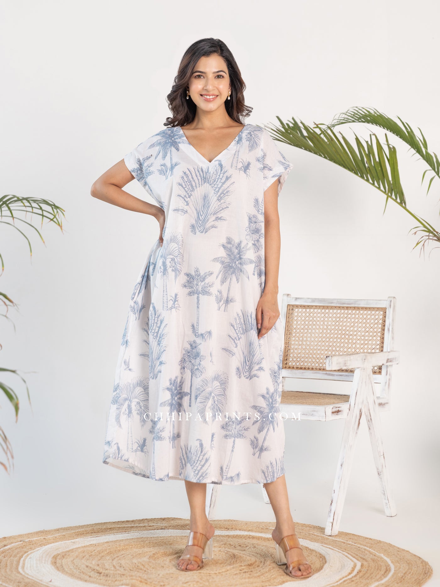 Cotton Palm Print Kaftan In Shade of Powder Blue And White