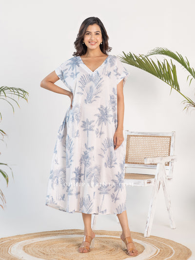 Cotton Palm Print Kaftan In Shade of Powder Blue And White