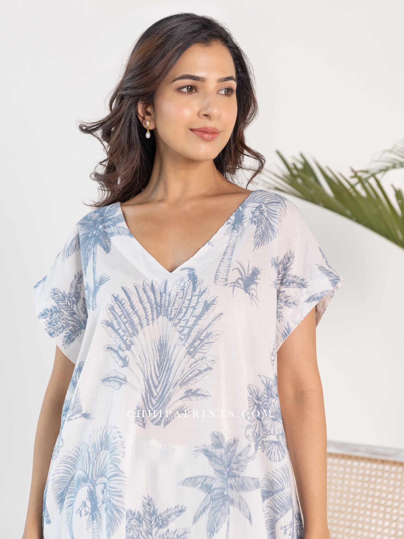 Cotton Palm Print Kaftan In Shade of Powder Blue And White
