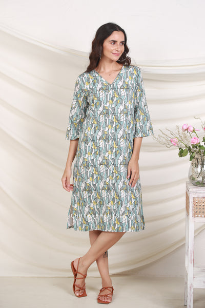 Cotton Abstract Print Tunic Midi Dress In Shade Of Sea Green And Grey