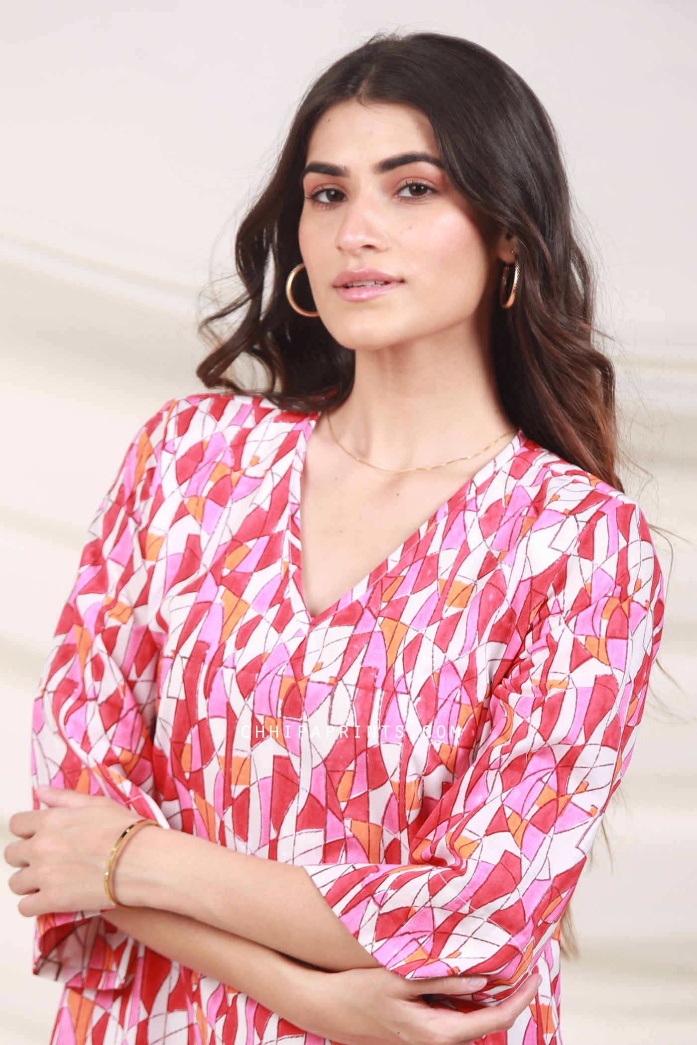 Cotton Abstract Print Tunic Midi Dress In Shade Of Pink And Red