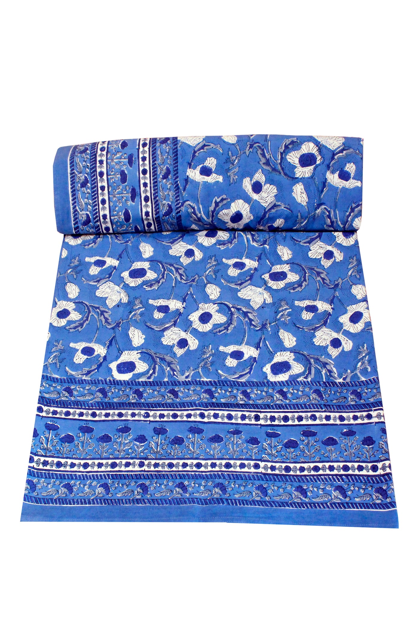 Cotton Floral Jaal  Block Print Bedsheet in Mid Blue