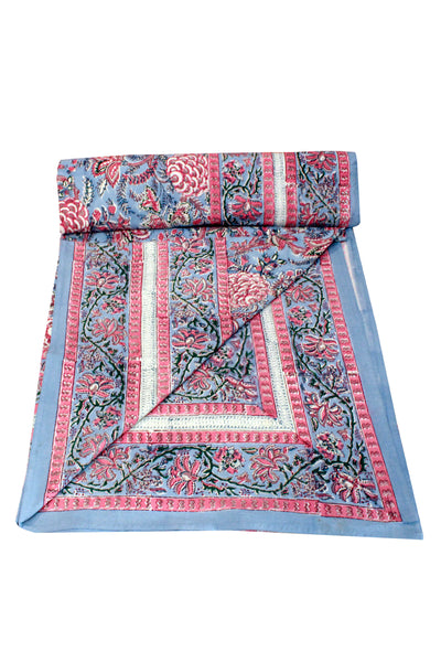 Cotton Big Flower Block Print Bedsheet in Sea Blue and Pink