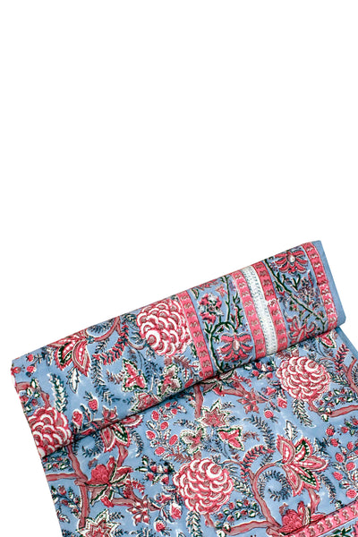 Cotton Big Flower Block Print Bedsheet in Sea Blue and Pink