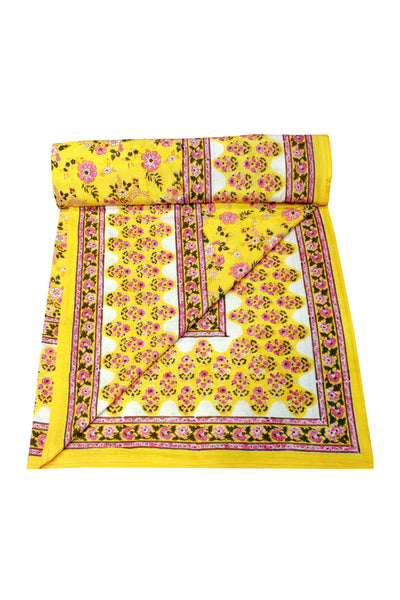 Cotton Flower Buti Block Print Bedsheet in Solar Yellow