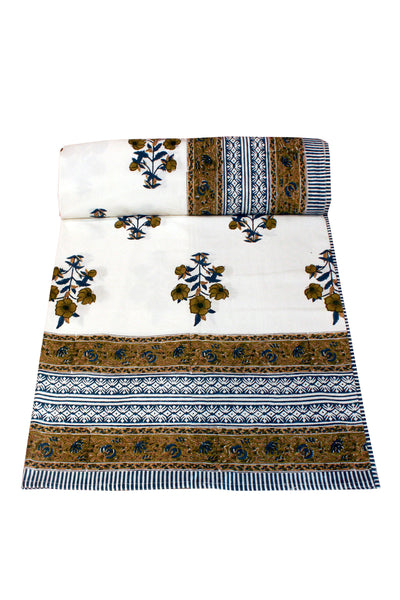 Cotton Mughal Buta Block Print Bedsheet in Olive Green