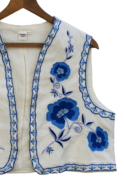 Cotton Flower Embroidered Jacket in Shade of Blue