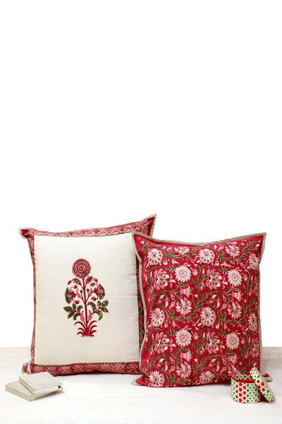 Cotton Mughal Buta Hand Block Printed Cushion Cover in Red