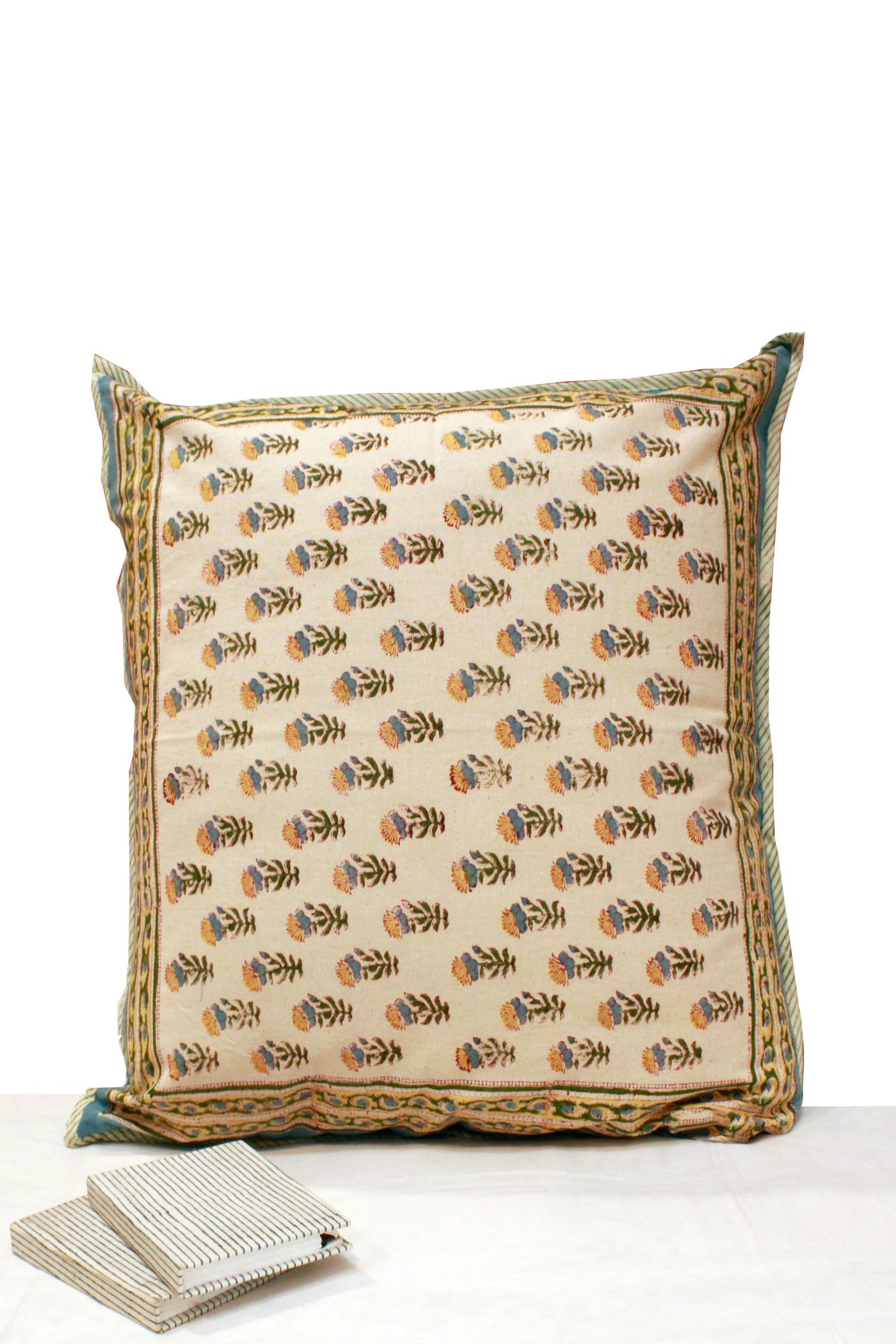 Cotton Mahin Buti Hand Block Printed Cushion Cover in Sea green