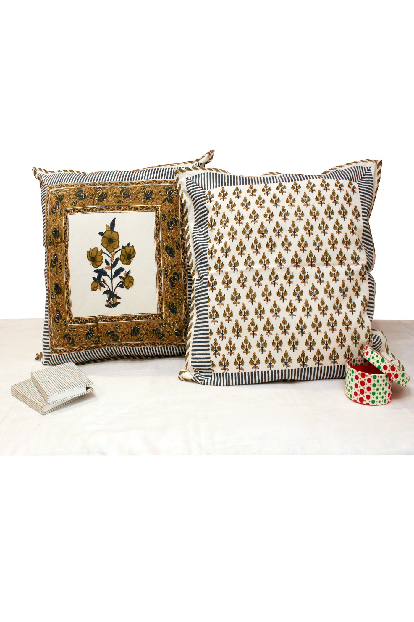 Cotton Mughal Buta Hand Block Print  Cushion Cover in Olive Green