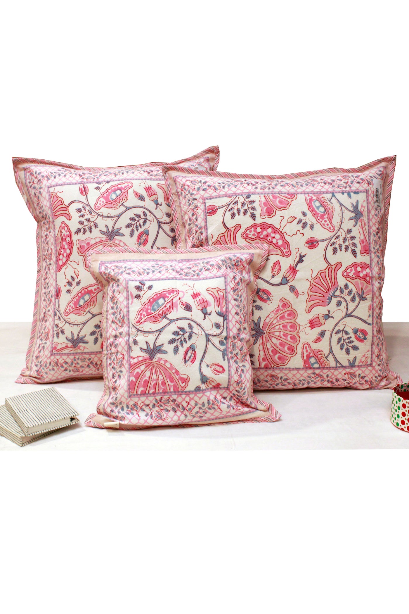 Cotton Lotus Flower Jaal Hand Block Printed Cushion Cover in Kashish Pink