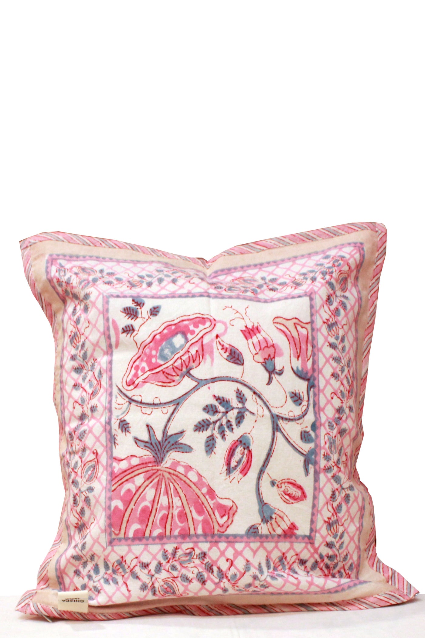 Cotton Flower Jaal Hand Block Printed Cushion Cover in Kashish Pink