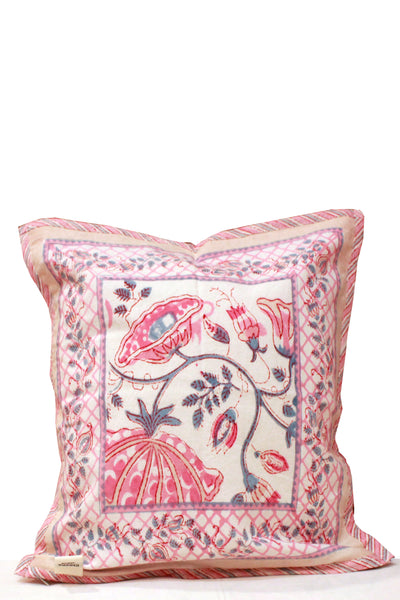 Cotton Lotus Flower Jaal Hand Block Printed Cushion Cover in Kashish Pink