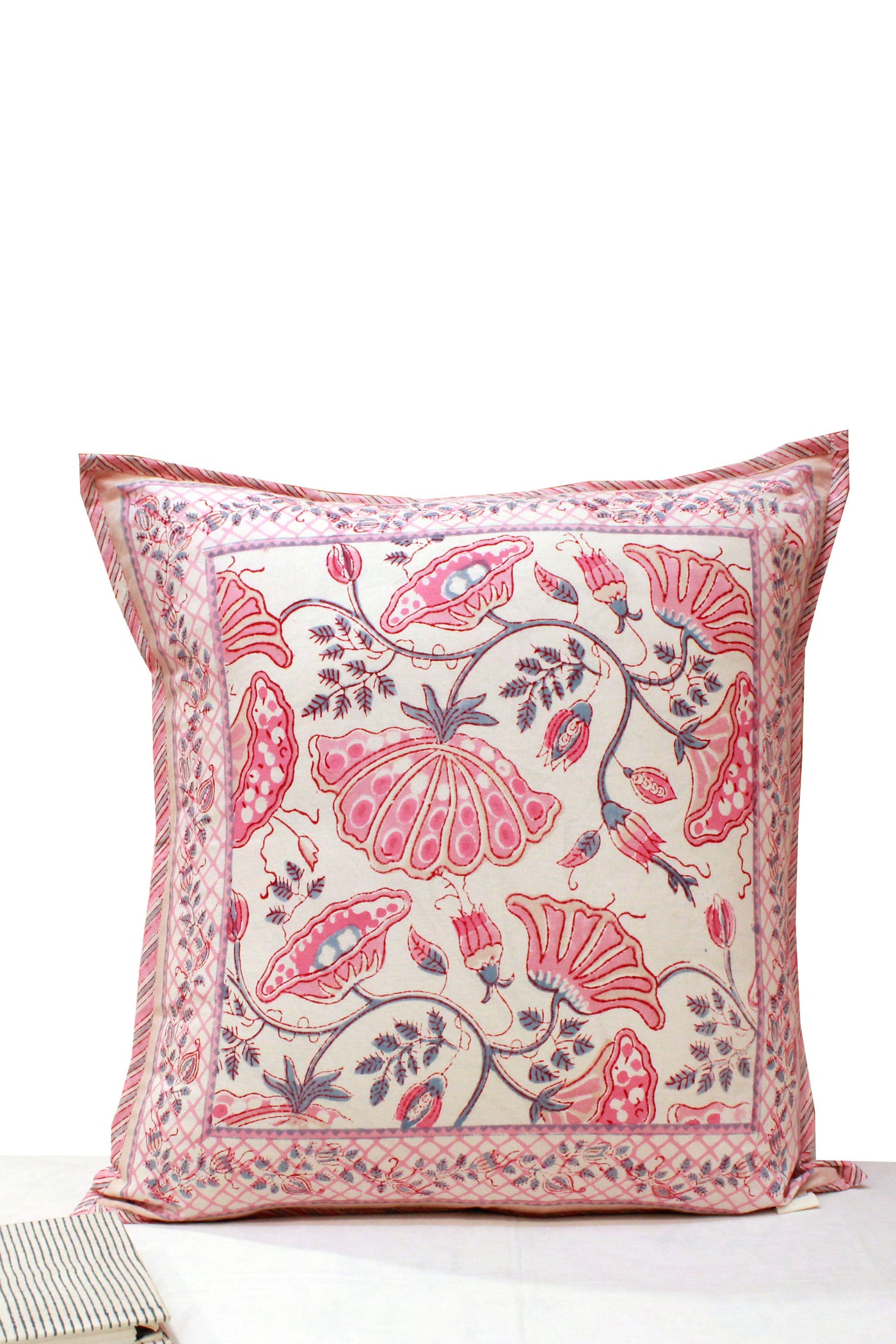 Cotton Flower Jaal Hand Block Printed Cushion Cover in Kashish Pink