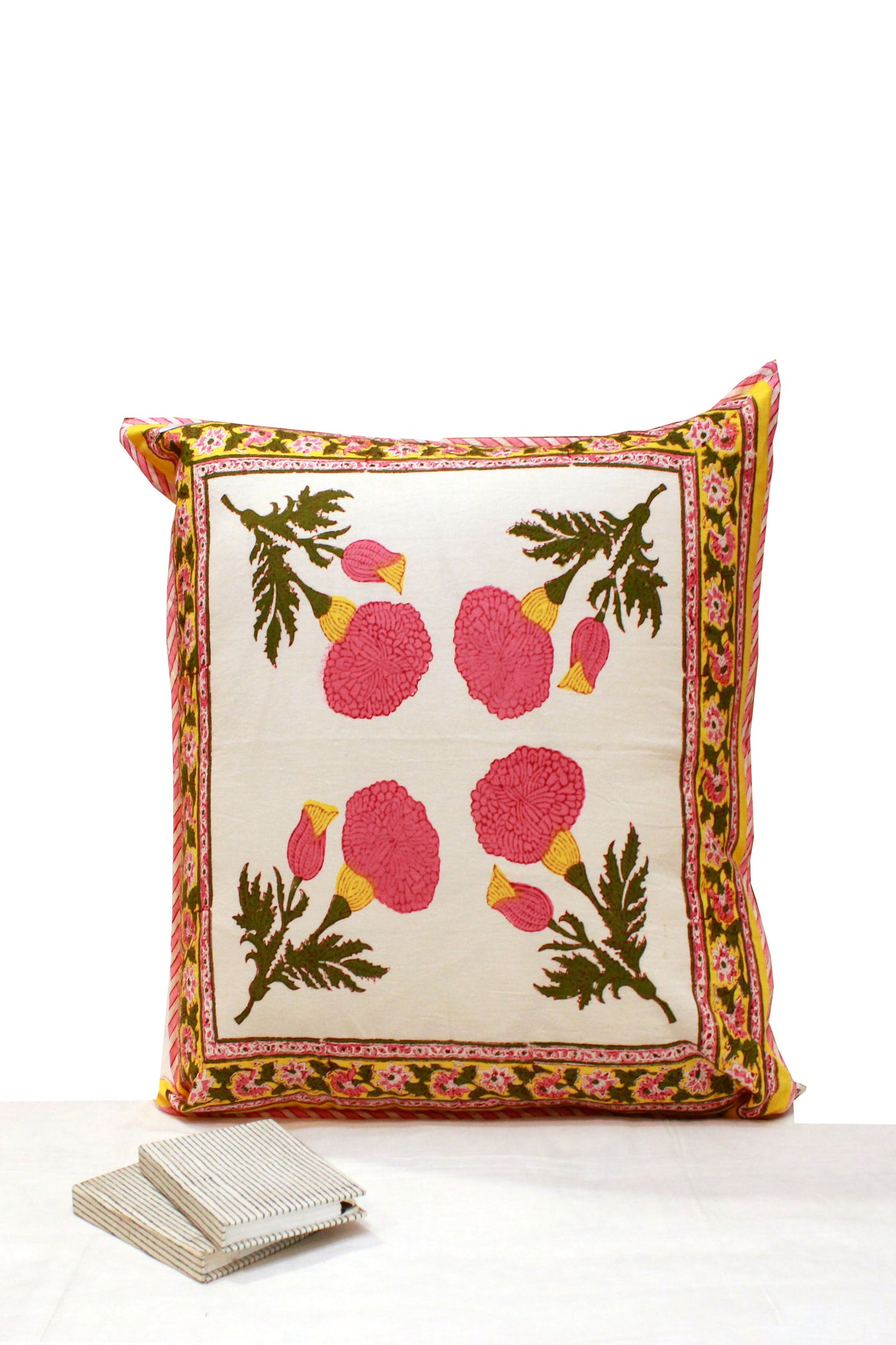 Cotton Flower Buti Hand Block Printed Cushion Cover in Sodium Yellow