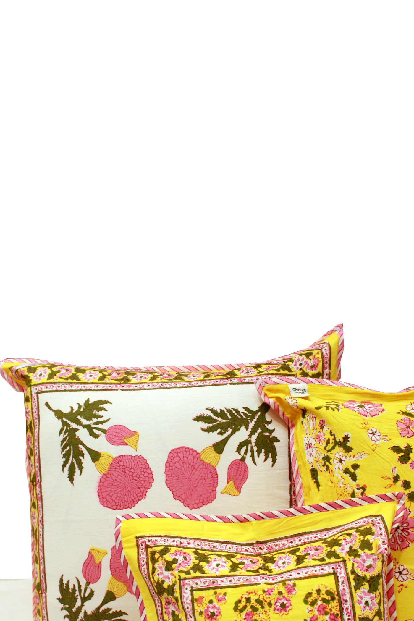 Cotton Flower Buti Hand Block Printed Cushion Cover in Solar Yellow
