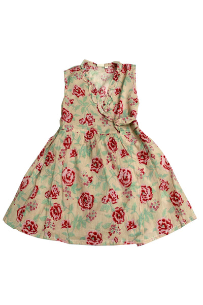 Cotton Floral Print Girls Frock in Beige Angrakha Style
